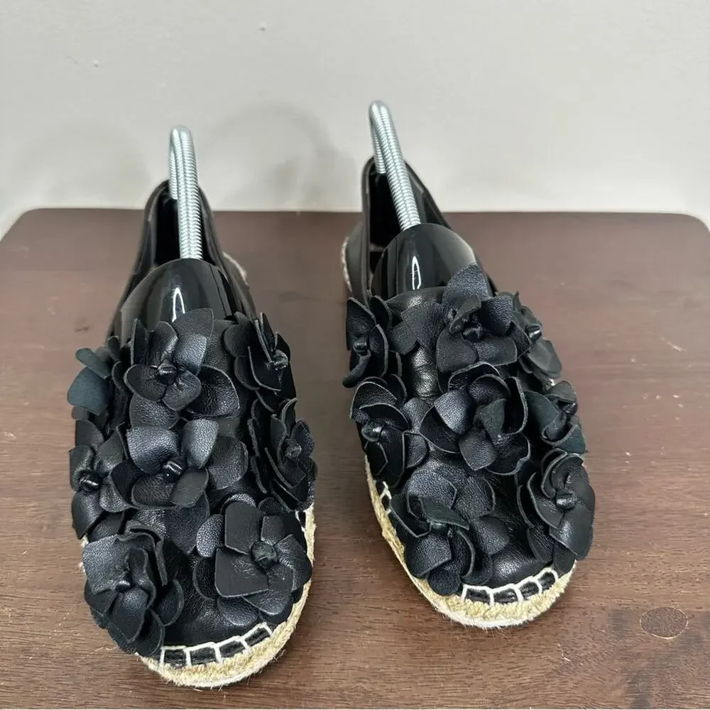 Tory Burch Blossom Espadrille Flats Womens 8.5 Black Leather Flowers Shoes